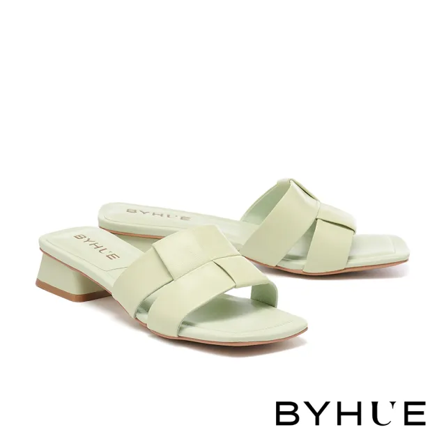 【BYHUE】簡約韓系編織羊皮軟芯方頭低跟拖鞋(綠)