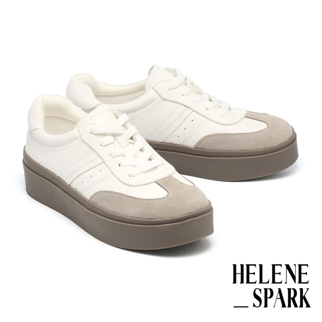 HELENE_SPARKHELENE_SPARK 率性時尚撞色異材質綁帶厚底休閒鞋(白)