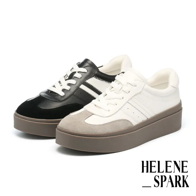 【HELENE_SPARK】率性時尚撞色異材質綁帶厚底休閒鞋(白)