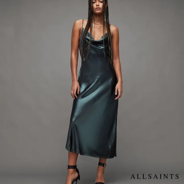 【ALLSAINTS】HADLEY 金屬感垂墜開叉中長版細肩洋裝-DEEP GREEN WD320Z(修身版型)