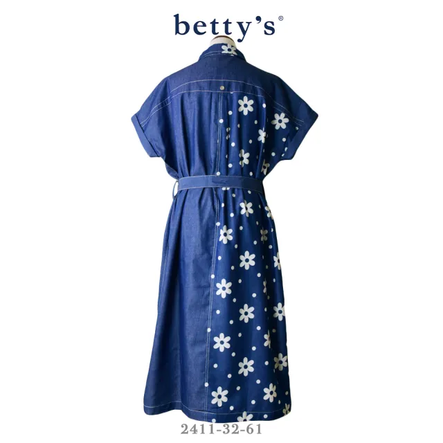 【betty’s 貝蒂思】花朵印花拼接無肩線牛仔襯衫洋裝(藍色)