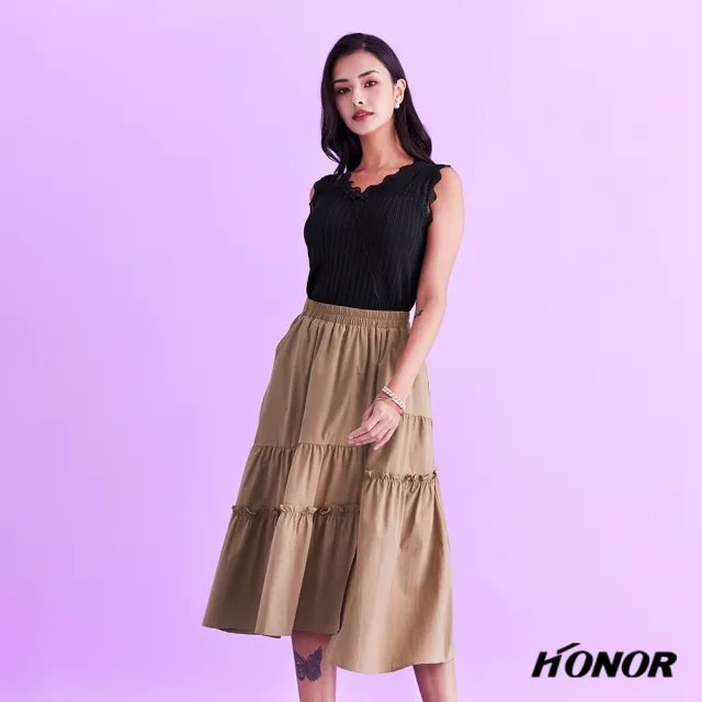 【HONOR 山形屋】不對稱抓皺拼接蛋糕下擺長裙-卡其/黑