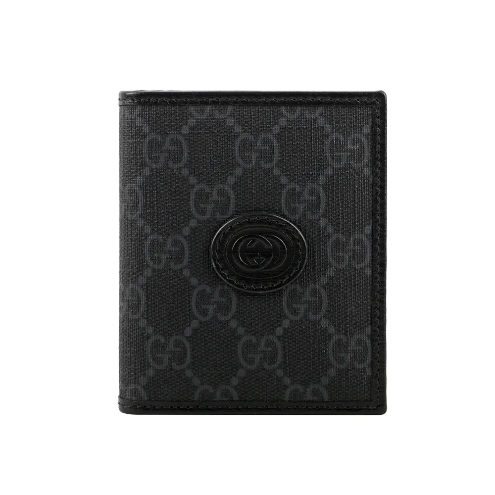 【GUCCI 古馳】Interlocking G Logo 摺疊式多卡對開名片夾/卡片夾(黑灰色)