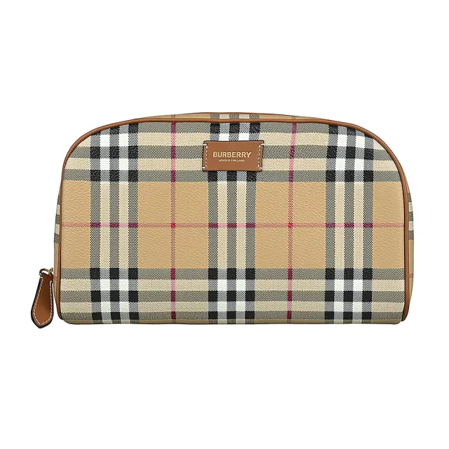 【BURBERRY 巴寶莉】BURBERRY牛皮壓印金字字母LOGO格紋設計PVC拉鍊化妝包(典藏米)