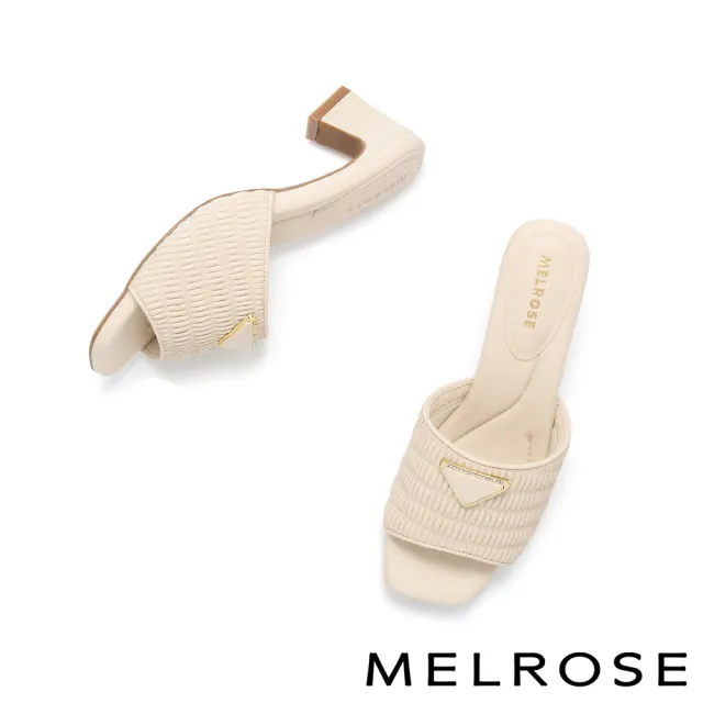 【MELROSE】美樂斯 率性飾釦寬帶壓紋羊皮方頭高跟拖鞋(米白)