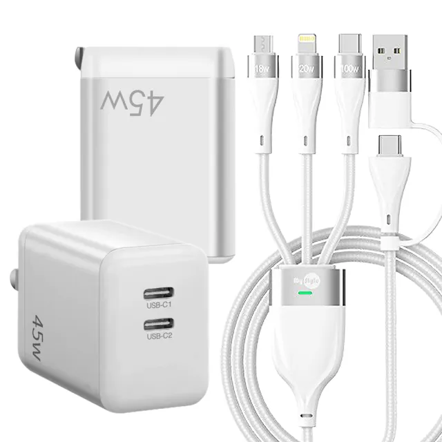 【CB】GS-W45A0954 45W雙Type-C口氮化鎵 白+MyStyle USB+TYPE-C TO TYPE-C/Lightning/Micro 快充線-白