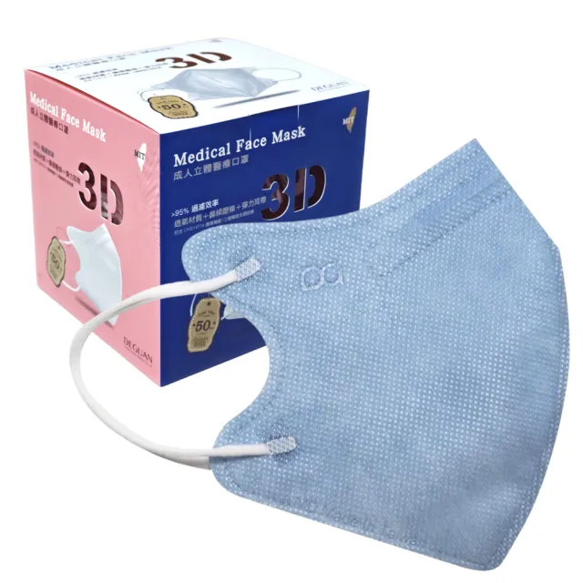 【德冠DG】3D立體成人醫療口罩 X1盒(50入/盒 親水層光滑不起毛)