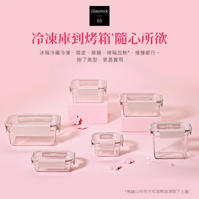 【Glasslock】韓國製強化玻璃微波保鮮盒 櫻花粉晶透款-正方形4件組