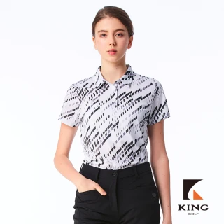 【KING GOLF】實體同步款-女款數位滿版斜格紋印圖設計透氣涼感開襟短袖POLO衫/高爾夫球衫(白色)