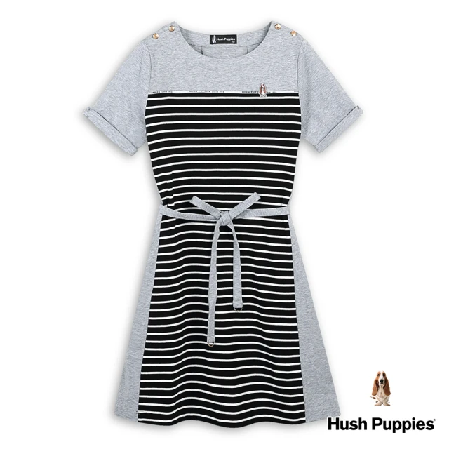 Hush Puppies 女裝 洋裝 拼接條紋肩釦飾刺繡小狗腰綁帶洋裝(麻灰 / 43215201)