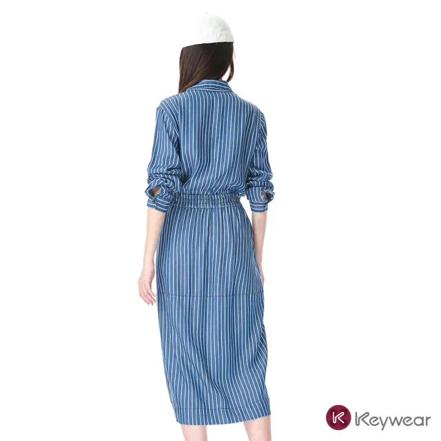 【KeyWear 奇威名品】條紋造型開襟襯衫洋裝