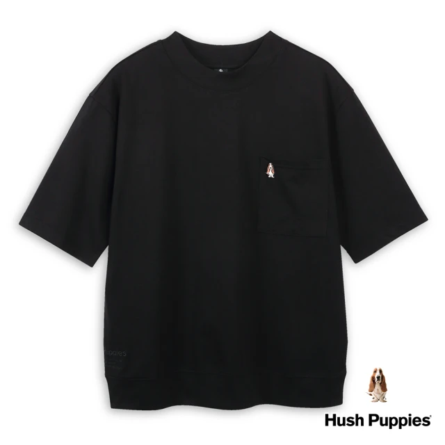 Hush Puppies 男裝 上衣 素色冰涼寬鬆落肩短袖立領上衣(黑色 / 43110201)