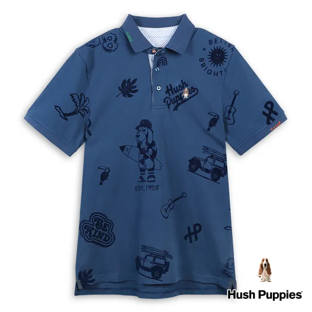 【Hush Puppies】男裝 POLO衫 夏日滿版渡假風衝浪狗短袖POLO衫(深灰藍 / 43101103)