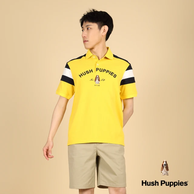 Hush Puppies 男裝 POLO衫 經典袖配色剪接刺繡狗寬版短袖POLO衫(黃色 / 43101112)