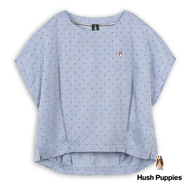 【Hush Puppies】女裝 上衣 簡約直條紋點點打褶連袖寬鬆上衣(藍色 / 43210104)