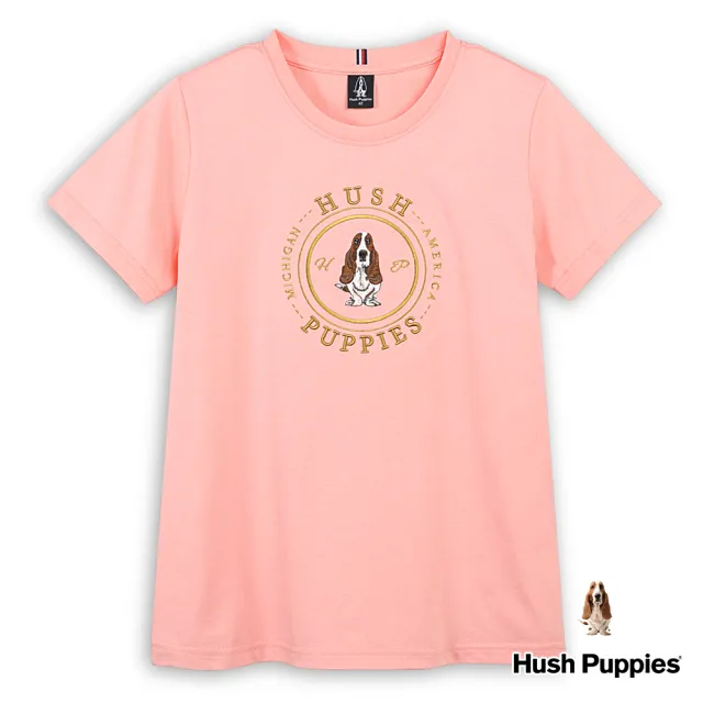 【Hush Puppies】女裝 T恤 經典立體品牌圖騰造型刺繡狗T恤(粉橘 / 43211106)