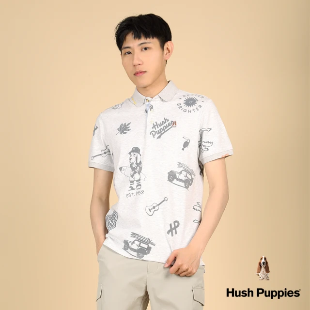 Hush Puppies 男裝 POLO衫 夏日滿版渡假風衝浪狗短袖POLO衫(淺灰 / 43101103)