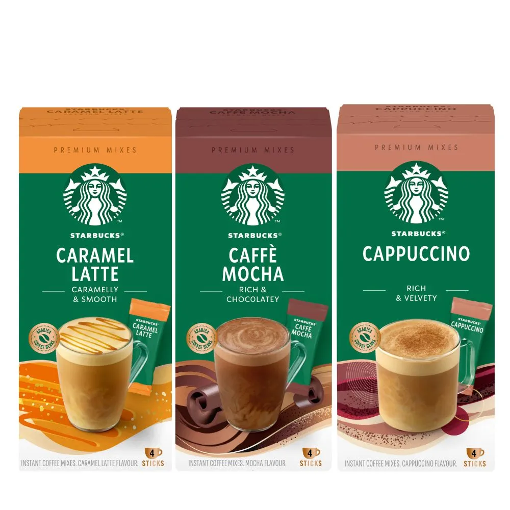 【STARBUCKS 星巴克】特選系列-即溶焦糖瑪奇朵/卡布奇諾/摩卡咖啡4入x4盒(共16入;口味任選)