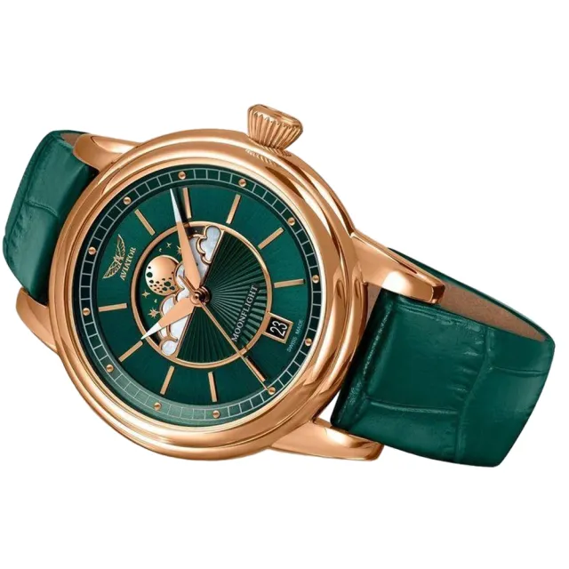 AVIATOR 飛行員 DOUGLAS MOONFLIGHT 月相 時尚腕錶 手錶 女錶(綠色-V13322634)