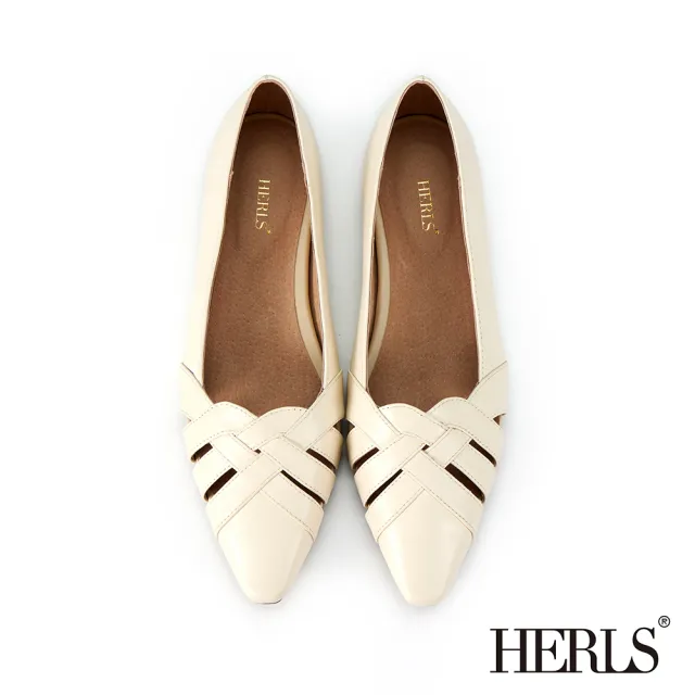 【HERLS】平底鞋-全真皮編織鏤空小方頭平底鞋(白色)