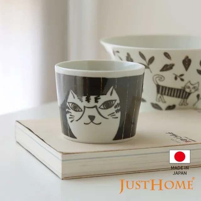 【Just Home】日本製手繪感貓咪陶瓷手握杯230ml 直條貓(杯 陶瓷杯 手握杯 湯吞杯)