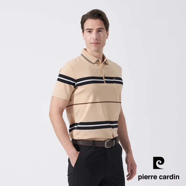 pierre cardin 皮爾卡登 商務休閒 男款 橫條短袖POLO衫-卡其色(5247264-84)