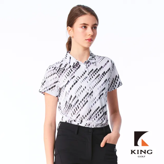 【KING GOLF】實體同步款-女款數位滿版斜格紋印圖設計透氣涼感開襟短袖POLO衫/高爾夫球衫(白色)