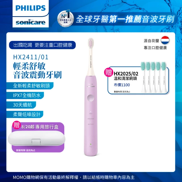 【Philips 飛利浦】Sonicare輕柔舒敏音波震動牙刷-小彩刷紫HX2411/01(送刷頭5入)