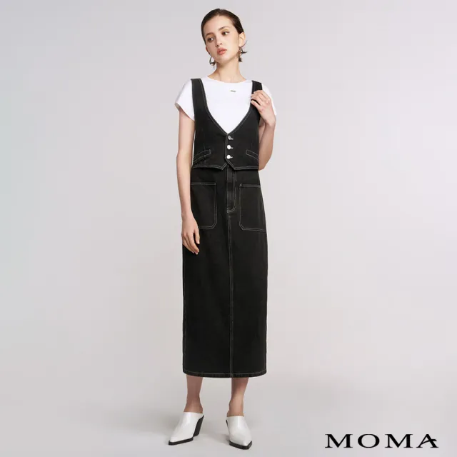 【MOMA】交叉吊帶高腰牛仔背心裙(黑色)