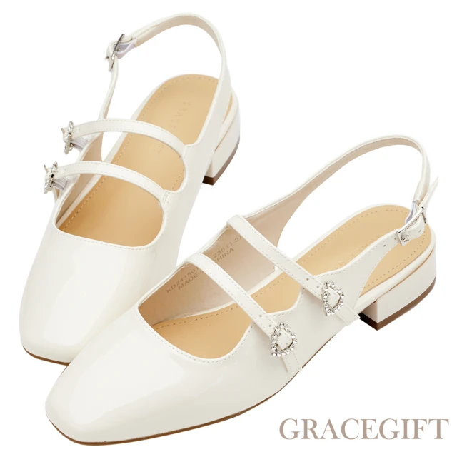 Grace Gift 方頭雙帶愛心鑽瑪莉珍後空中跟鞋(白漆)