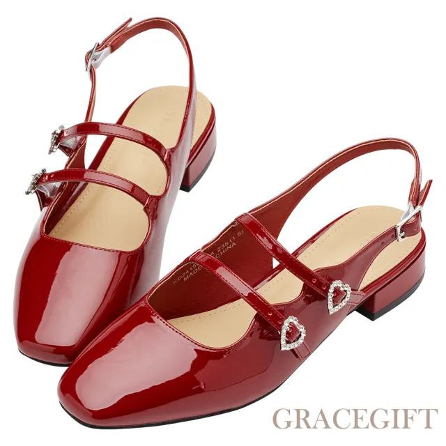 【Grace Gift】方頭雙帶愛心鑽瑪莉珍後空中跟鞋(紅漆)