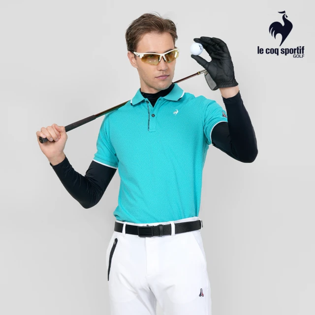 LE COQ SPORTIF 公雞 高爾夫系列 男款藍綠色細緻緹花高機能防曬短袖POLO衫 QGT2J204