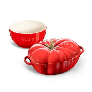 【法國Staub】櫻桃紅蕃茄造型烤盅陶缽19cm含雙耳+櫻桃紅陶瓷碗14cm