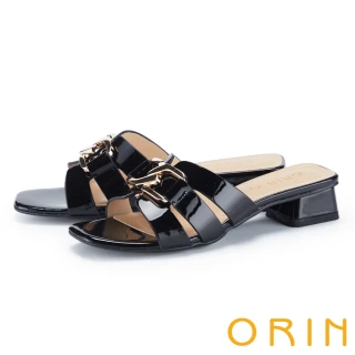 【ORIN】金屬釦造型配飾真皮粗跟拖鞋(黑色)