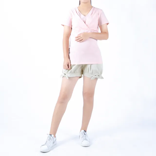 【Gennies 奇妮】俏麗蝴蝶結綁帶短褲-卡其(孕婦褲 微厚 前後口袋 一體成型 無痕褲頭)