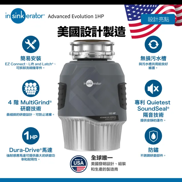 【美國Insinkerator】旗艦機種 Advanced Evolution 1HP 廚餘機 鐵胃 食物處理機 廚下型廚餘機(兩年保固)