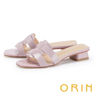 【ORIN】素色真皮編織設計粗跟拖鞋(紫色)