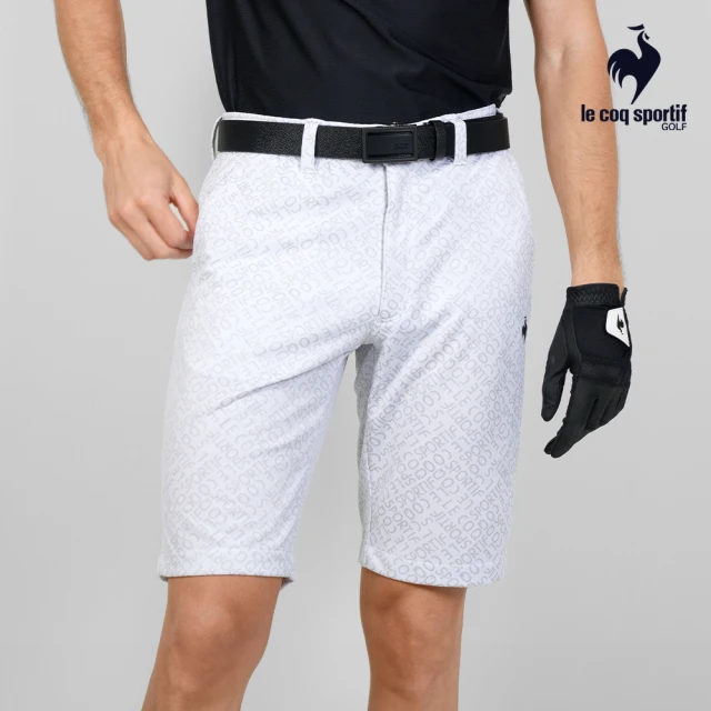 LE COQ SPORTIF 公雞 高爾夫系列 男款白色時尚滿版LOGO高機能防曬短褲 QGT8J950
