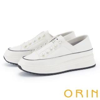 【ORIN】真皮珍珠免綁帶厚底休閒鞋(白色)