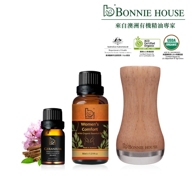 【Bonnie House 植享家】婦科保養組(天竺葵精油5ml+柔情女人專屬複方精油30ml+手持鍺石溫馨按摩儀)