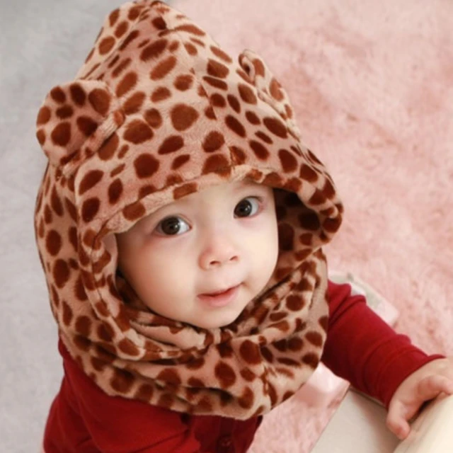 PS Mall 韓版兒童豹紋連體圍脖帽 保暖帽 嬰兒毛線帽 針織帽 2入(B115)