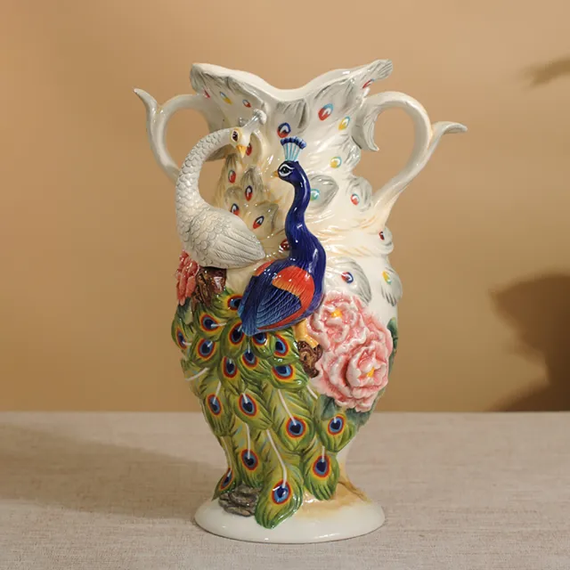Function art 藝術瓷】富貴吉祥陶瓷雌雄孔雀造型花瓶／花器