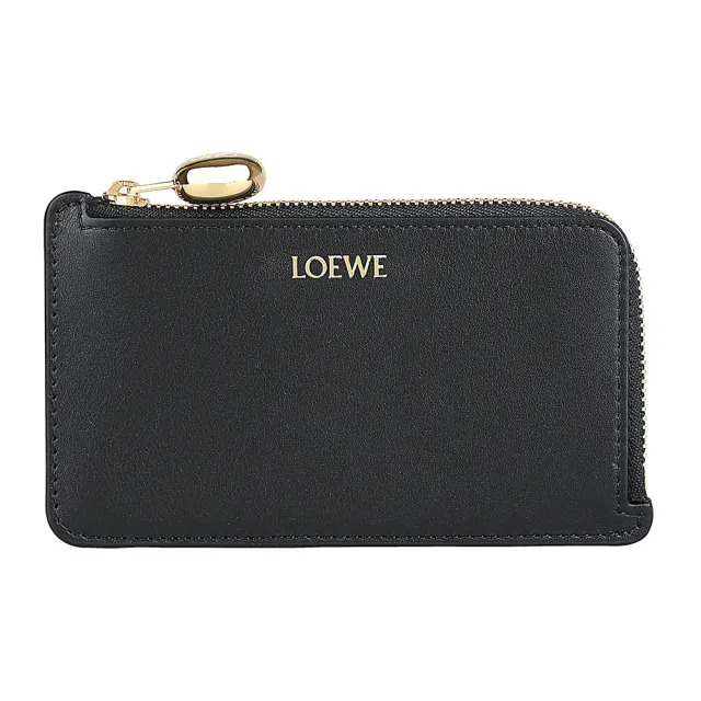 【LOEWE 羅威】LOEWE Pebble燙印金字LOGO小牛皮4卡拉鍊零錢卡夾包(黑)