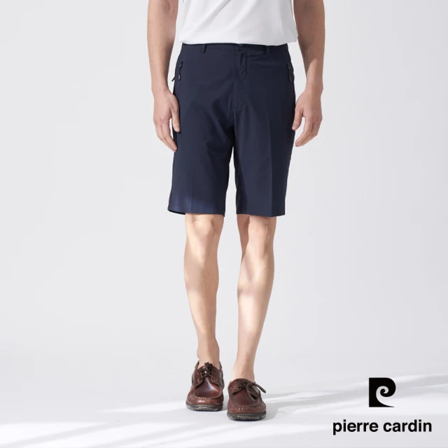 【pierre cardin 皮爾卡登】商務休閒 男款 彈性平口平紋休閒短褲-丈青色(5247962-38)