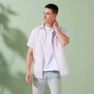 【NAUTICA】男裝 涼爽棉麻材質條紋短袖襯衫(粉色)