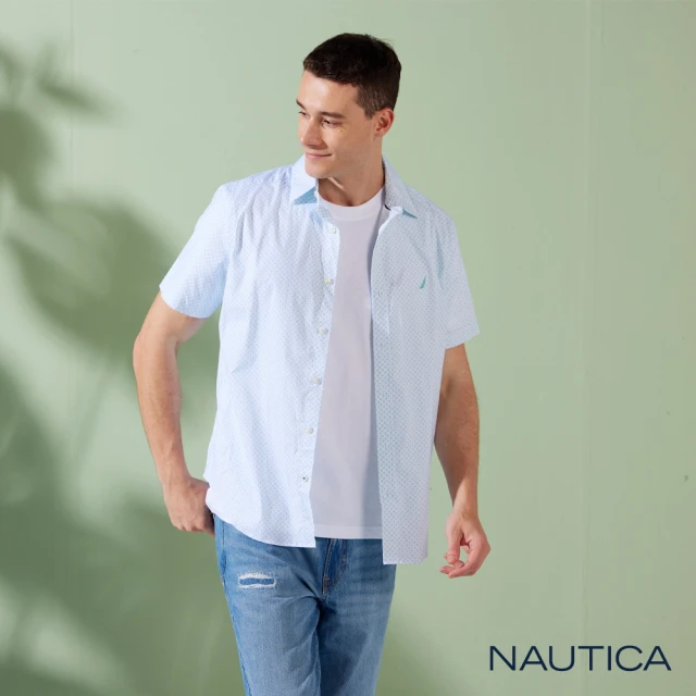 NAUTICA 男裝 滿版印花設計休閒短袖襯衫(白色)