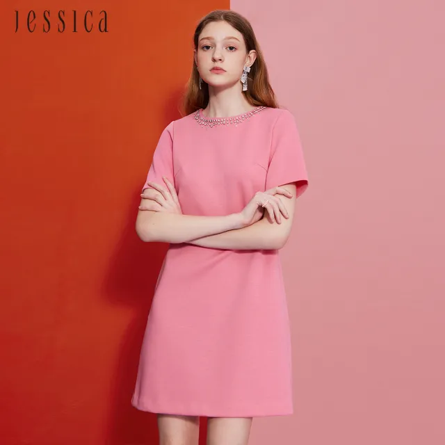 【JESSICA】舒適彈力棉鑽飾圓領短袖洋裝G43701（粉）