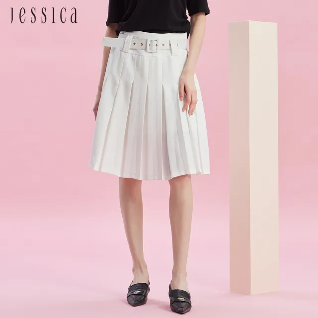 【JESSICA】時尚甜美顯瘦腰帶百褶裙J43101（白）