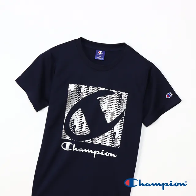 【Champion】官方直營-吸汗速乾金屬Logo印花短袖TEE-童(深藍色)