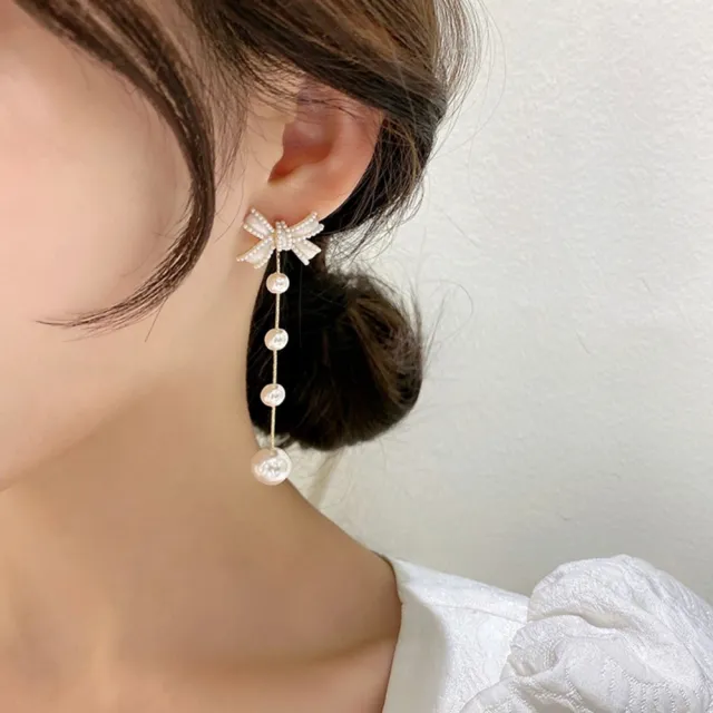 【Emi 艾迷】韓系浪漫喻意蝴蝶結滾邊珍珠垂墜925銀針耳環
